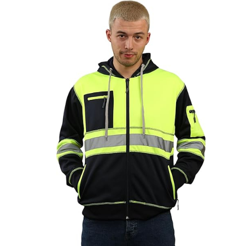 TanxWear Hi-Vis 3-Zip Safety Hoodie – Reflective Work Fleece with Phone & ID Pockets